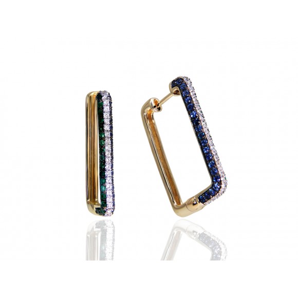 14KY RECTANGLE HOOP EARRINGS W/ EM & SA & DIA