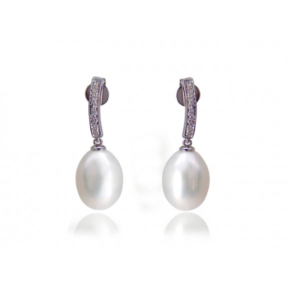 14KW DROP EARRINGS W/ PEARL & DIA